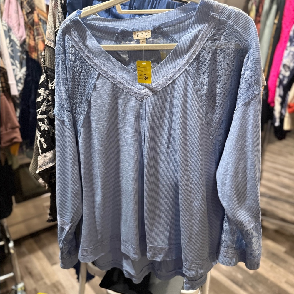 POL Blue Lace Detail Women's Top